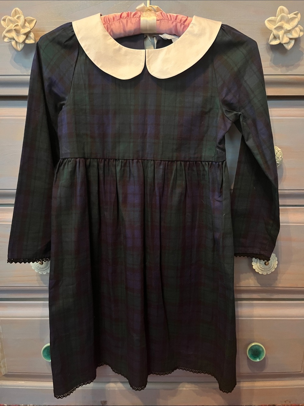 Hill House Girls Green and Navy Plaid Dress with White Peter Pan Collar